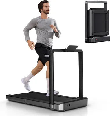 A man is running on a treadmill, with a folded treadmill shown in the background.