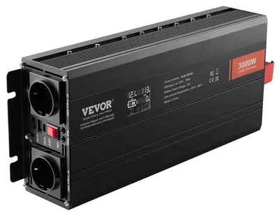 Zdjęcie produktu dla Inwerter sinusoidalny VEVOR 3000 W DC 12 V AC 230 V Wyświetlacz LCD Inwerter z 3 gniazdami AC 2 portami USB 1 portem typu C 10 zapasowych bezpieczników do dużych urządzeń gospodarstwa domowego