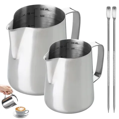 Melkkännchen 2er-Set, 350+600 ml, Edelstahl, mit Latte-Art-Stift