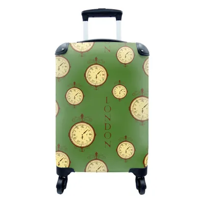 Produktbild von MuchoWow® Koffer Handgepäck Trolley Rollkoffer Kleine Reisekoffer mit 4 Rollen - London - Vintage - Uhr - Muster - Cabin Size < 55x40x23 cm & 55x40x20 cm - Fotokoffer - Kabinenkoffer - Boardgepäck - Reise-Box - Reisekoffer - Reisegepäck - Koffer mit Bild - Trolley für Kinder