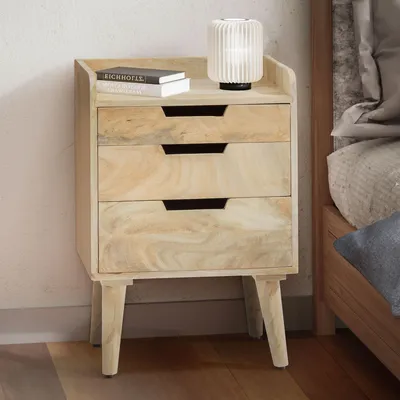 Produktbild von FineBuy Nachttisch aus Mango Massivholz mit 3 Schubladen & Ablage – Nachtschrank ideal für Boxspringbetten, Nachtkonsole Natur Design – Nachtkästchen