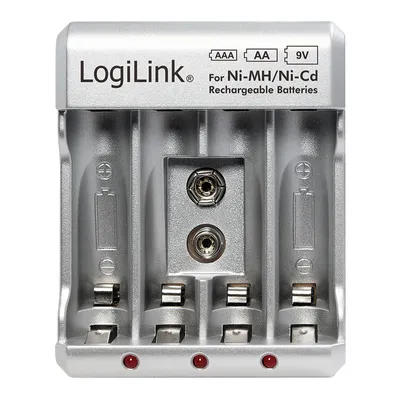 A close-up, front-facing studio shot of a silver battery charger.