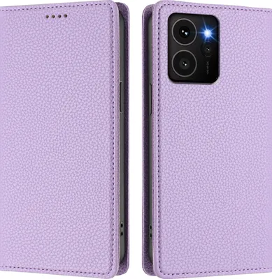 A purple leather flip case for a smartphone is shown from two angles, one closed and one open to reveal the phone's camera.