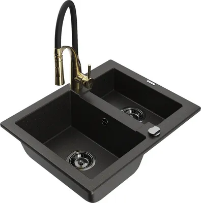 Produktbild von Mexen Carlos 1-Becken-Granit-Spüle mit Mischbatterie Aster, Schwarz/Gold metallisch - 6518-75-73450-57-B
