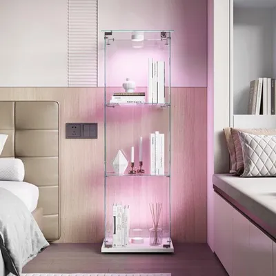 Immagine prodotto di Mobiletto espositivo in vetro con una porta - 3 ripiani con illuminazione a LED - Altezza 127 cm - Ideale per soggiorno e camera da letto