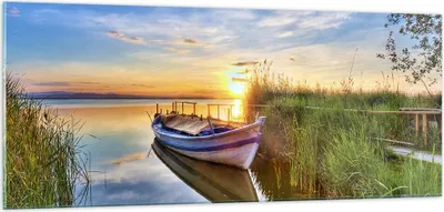 Produktbild von Bilder auf glas - See Boot Wasser - 100x40cm - Glasbilder - Wandbilder - Kunstdruck - zum Aufhängen bereit - Wanddekoration aus Glas - Glas Bilder - Wandbild auf Glas - Einteilig - GAB100x40-3950