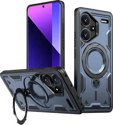 Produktbild von Dual Layer Hülle für Xiaomi Redmi Note 13 Pro+ 5G Metall Ring Ständer Magnetisch Stoßfest Militär Handyhülle Blau