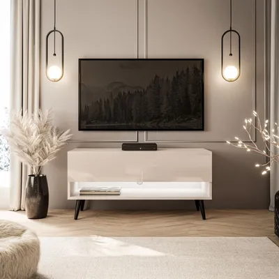 Produktbild von RTV Schrank CALANTE 90 cm auf Beinen mit LED-Beleuchtung Kaschmir / Kaschmir Hochglanz schräge schwarze Beine