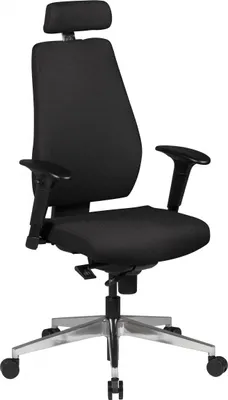 A black office chair with a headrest and armrests is shown against a white background.