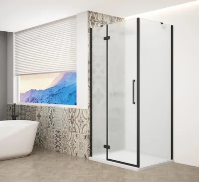 Imagen del producto de TRINITY BLACK: Cabina de ducha rectangular de 800x800 mm, vidrio esmerilado, para instalación en la esquina izquierda