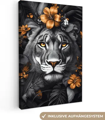Obrázek produktu pro Obrazy na plátně 40x60 cm - Zvířata, Květiny - Tygr - Zlatý, Obrazy Obývací pokoj Moderní, Nástěnná dekorace