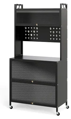Produktbild von Küchenschrank 5-stufig mit Arbeitsplatte, Mikrowellenschrank mit Rollen, Küchenbuffet mit Stecktafel und 4 Haken, Standregal mit Klapptüren (Grau)