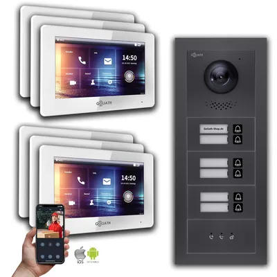 Image de Interphone vidéo Goliath BUS 2 fils : Maison de 6 familles, affichage, anthracite : Boîte de montage en saillie : 7 pouces en blanc Sélection du moniteur : 7 pouces en blanc Boîte de montage de la sonnette : Boîte de montage en saillie