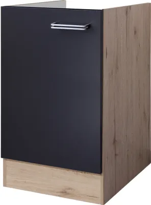 A corner view of a kitchen cabinet with a dark front and a wood-grain side.