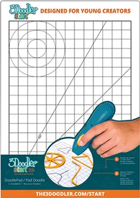 A hand holding a teal 3Doodler Start pen over a grid pad with circles and lines, with a close-up inset showing 3D printed objects.