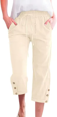 Productafbeelding van Dames capribroek van katoen met elastische taille, 3/4-lengte en twee zakken, lichtgewicht zomerbroek