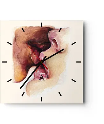 Produktbild von Wanduhr - Quadrat - Glasuhr - Kuss Mund Paar - 40x40cm - Schleichendes Uhrwerk - Lautlos - zum Aufhängen bereit - Dekoration Modern - Wanddekoration aus Glas - C3AC40x40-5051