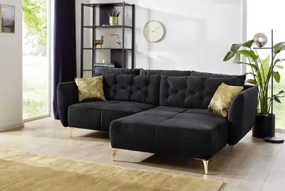 Produktbild von Ecksofa - 251 x 186 cm - Schwarz - Samt - mit Kissen