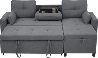 Produktbild von Merax Ecksofa, L-Form Couch Schlafsofa mit Schlaffunktion, Bettkasten, Kissen, Seitentaschen, herunterziehbarem Getränkehalter, Linen Bettsofa, Grau