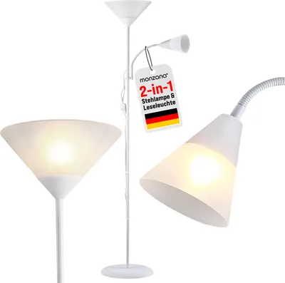 Produktbild von MONZANA® Stehlampe 175 cm Weiß Verstellbare Stehleuchte mit Deckenfluter und Leselampe moderne Standleuchte für Wohnzimmer Schlafzimmer Büro
