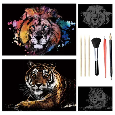 Image de Kit de gravure DIY, deuxième série, motifs animaliers au format A3 : Le Roi Lion et le Tigre, avec outils