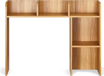 A wooden desk shelf or bookshelf unit.