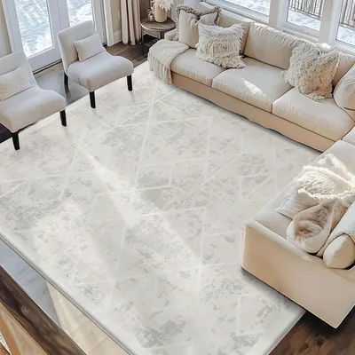 Produktbild von Teppich Kurzflor 200x300cm Elfenbeinweiß Geometrisch Antirutsch Modern