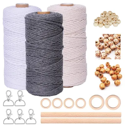 Immagine prodotto di Set di fili per macramè, 3 mm x 60 metri, confezione da 3 pezzi, con accessori (perline di legno, portachiavi, anelli, aste rotonde)