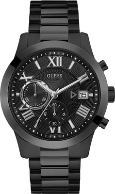 A black Guess watch with a black dial and silver accents.