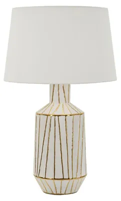 Zdjęcie produktu dla Nowoczesna lampa stołowa Tangier – biała ceramiczna podstawa i złote zdobienia, abażur z tkaniny, gniazdo E27 – 45x45x73 cm