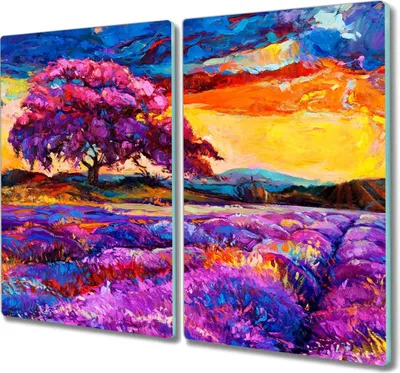 Produktbild von Coloray Hackbrett Kochplattenabdeckung Herdabdeckplatte 2x30x52 cm Schneidebrett Küchenbrett - Wiese Baum Sonnenuntergang