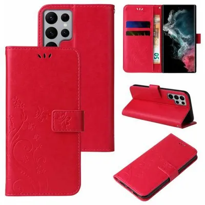 Produktbild von Kunstleder Flip-Hülle Floral für Smartphones - Farbe: Rot - Modellkompatibilität: Für Samsung Galaxy S23 Ultra
