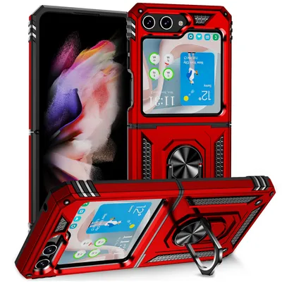 Obrázek produktu pro Pouzdro pro Samsung Galaxy Z Flip 5 dvouvrstvé robustní, vojenská ochrana pouzdro s držákem prstenu a stojánkem červené