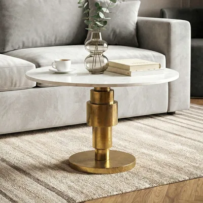 Produktbild von FineBuy Couchtisch Gold 60cm mit weißer Marmor Tischplatte Wohnzimmertisch rund Sofatisch Alu modern Beistelltisch Aluminium Design Handmade