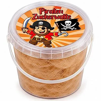 Produktbild von Piraten Zuckerwatte im Eimer – braun, 50g– Süßigkeit für Kindergeburtstag, Party oder Mitgebsel