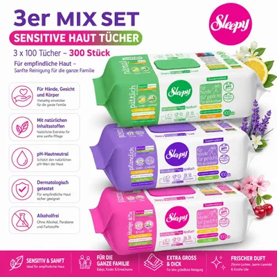 Produktbild von Sleepy Easy Clean Sensitive Mix Set 3x100 Tücher – Zitrone & Lorbeer, Jasmin & Lavendel, Kirsche & Lilie – für Babys, Kinder & Erwachsene