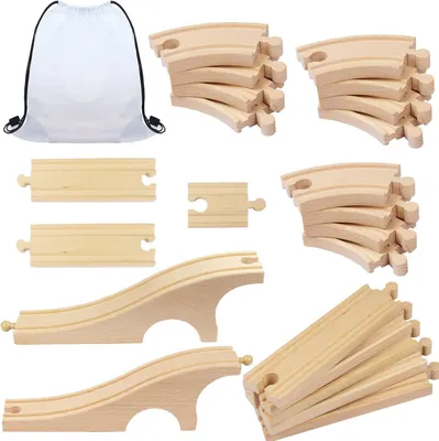 Image de Kit de rails pour train en bois, 22 pièces, pour enfants, avec virage en S, aiguillages et fabriqué en bois naturel