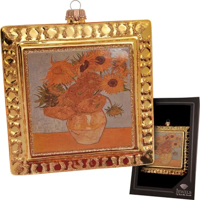Produktbild von Krebs Glas Lauscha Weihnachtsbaumschmuck - Sonnenblumen von Van Gogh - mit Rahmen in Gold - Glas - ca. 12,5 15 cm