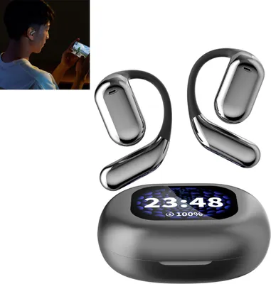 A person is using a smartphone while wearing earbuds, and a pair of earbuds and their charging case are displayed.