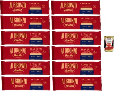 Produktbild von Barilla Al Bronzo Spaghetti N.305 12x500g – 6 kg Vorratspack, extraraue Bronze-Textur für maximalen Saucenhalt, al dente in 11 Min., 100% Hartweizengrieß – aus Italien + Italian Gourmet polpa
