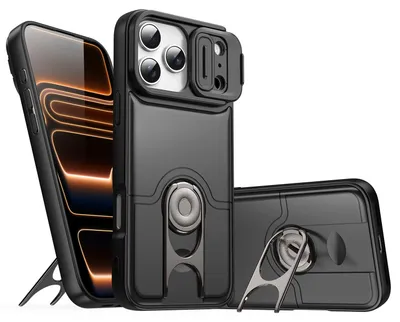 Obrázek produktu pro Pouzdro pro iPhone 17 Pro Max, Posuvným krytem fotoaparátu a kroužkovým stojánkem, nárazuvzdorné ochranné pouzdro Černá