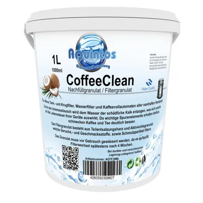 Produktbild von Aquintos CoffeeClean Nachfüllgranulat Filtergranulat für Wasserfilter Kaffeevollautomaten Tischwasserfilter Filterpatronen Aquintos-Water-Technologie 10 Jahre AQTE1000 der lang bewährte Standard unter den Granulaten AQTE1000