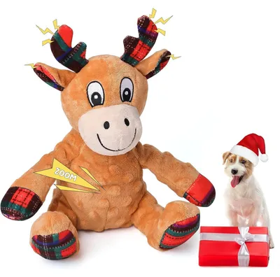 Immagine prodotto di Giocattolo per cani a forma di alce che emette suoni, ideale per Natale. Giocattolo interattivo, lavabile, realizzato in cotone, adatto a cani di piccola e media taglia e cuccioli