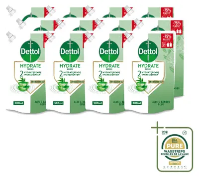 Imagen del producto de 12 unidades de recambio de jabón líquido para manos Dettol, hidratante, con aloe vera y bambú, 500 ml, pack ahorro