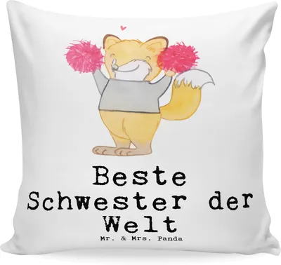 Produktbild von Mr. & Mrs. Panda Kuschelkissen Fuchs Beste Schwester der Welt - Weiß - Geschenk, Schwesterherz, Mikrofaser Kissen, Familie, für sofa, Sister, 40x40, Polster, Couchkissen