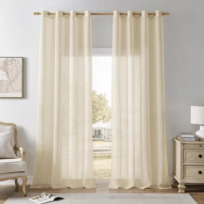 Imagen del producto de Cortinas - Beige - Con ojales - Cortinas de voile transparentes - Aspecto de lino - Cortina - 245 cm de largo - Juego de 2 cortinas con ojales - 140 cm de ancho