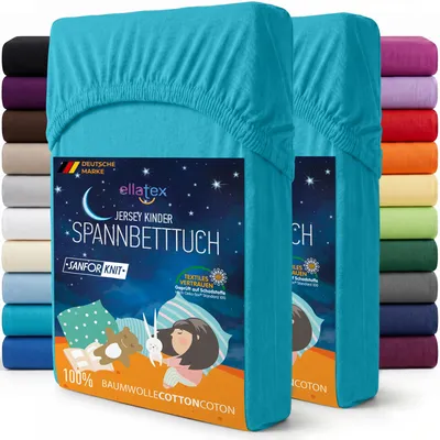 Produktbild von EllaTex 2er Pack Jersey Kinder Spannbettlaken 70x140 Baumwolle – Spannbetttücher Set für Babybett & Kinderbett, Farbe: Türkis