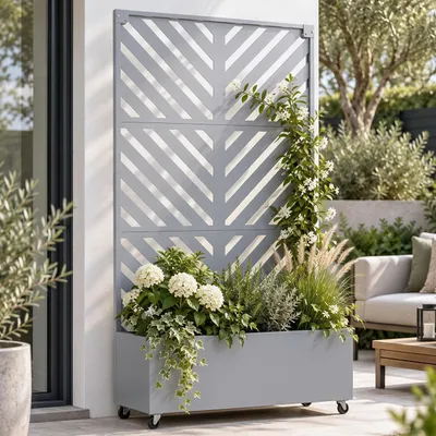 Imagen del producto de Rejilla con jardinera HWC-R38, maceta para flores, estructura de soporte, metal, 186x108x41 cm, color gris