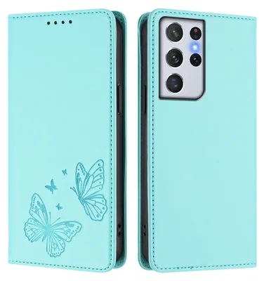 Obrázek produktu pro Kožené pouzdro pro Samsung Galaxy S21 Ultra 5G, motýlí ražbou, peněženkové flip pouzdro se stojánkem Mátově zelená