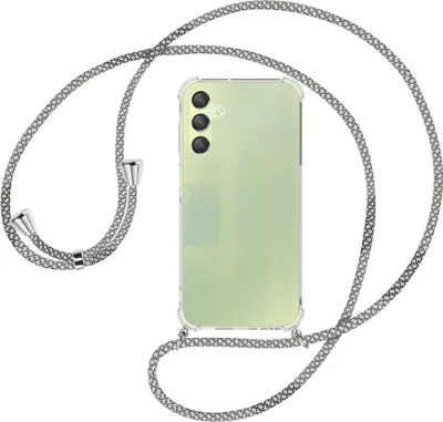Produktbild von Handykette Backcover-Schutzhülle mit Band (Metall silberfarben) für Samsung Galaxy A15  - weiß/grau kariert